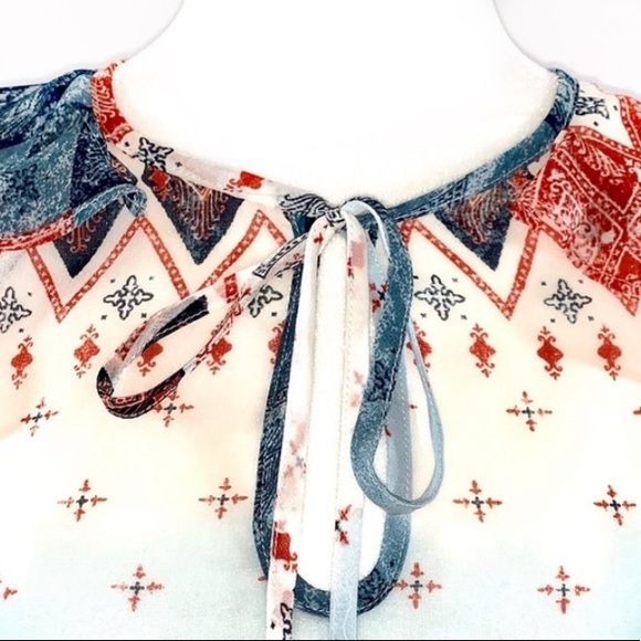 BCBGMaxAzria size S orange blue & ivory BOHO tie front long puffed sleeve blouse - Picture 5 of 15